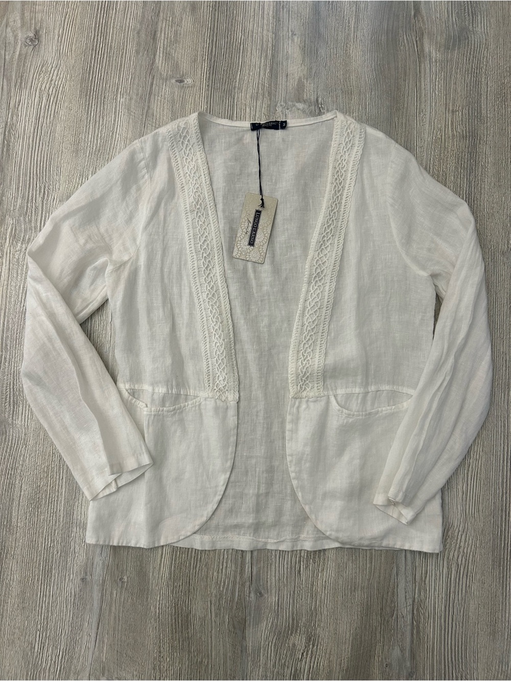 Lungi L’Arno White 100% Linen Open Front Cardigan Jacket Lace Trim M Made Italy